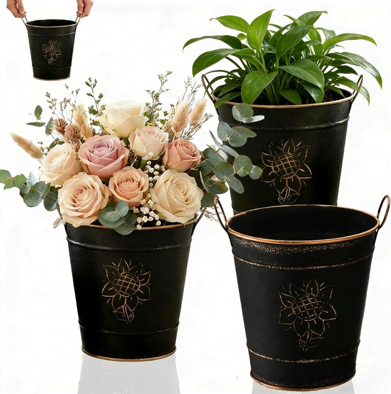 AVLA 3 Pack Galvanized Bucket, Rustic Farmhouse Metal Flower Vase, Vintage Plant Pot, Decorative Tin Pails with Handles for Wedding Decorations, Centerpieces, Home Decor, Garden Planter, 5.7 Inch - Image 1