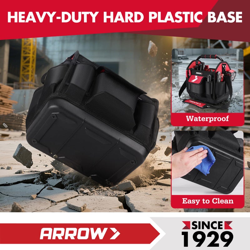 Arrow Fastener ARROW 12" Tool Tote with Waterproof Hard Base, Electrician Tool Bag with 19 Pockets, 840D Oxford Fabric, Open Top Tool Bag for Plumber Mechanic HVAC Automotive - Image 4