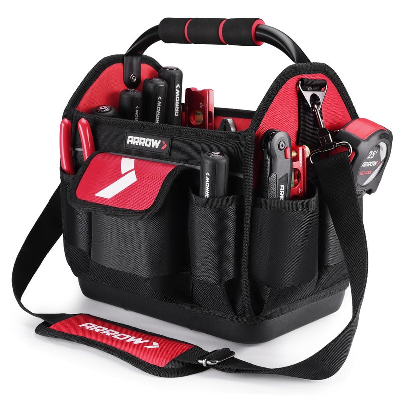 Arrow Fastener ARROW 12" Tool Tote with Waterproof Hard Base, Electrician Tool Bag with 19 Pockets, 840D Oxford Fabric, Open Top Tool Bag for Plumber Mechanic HVAC Automotive - Image 1