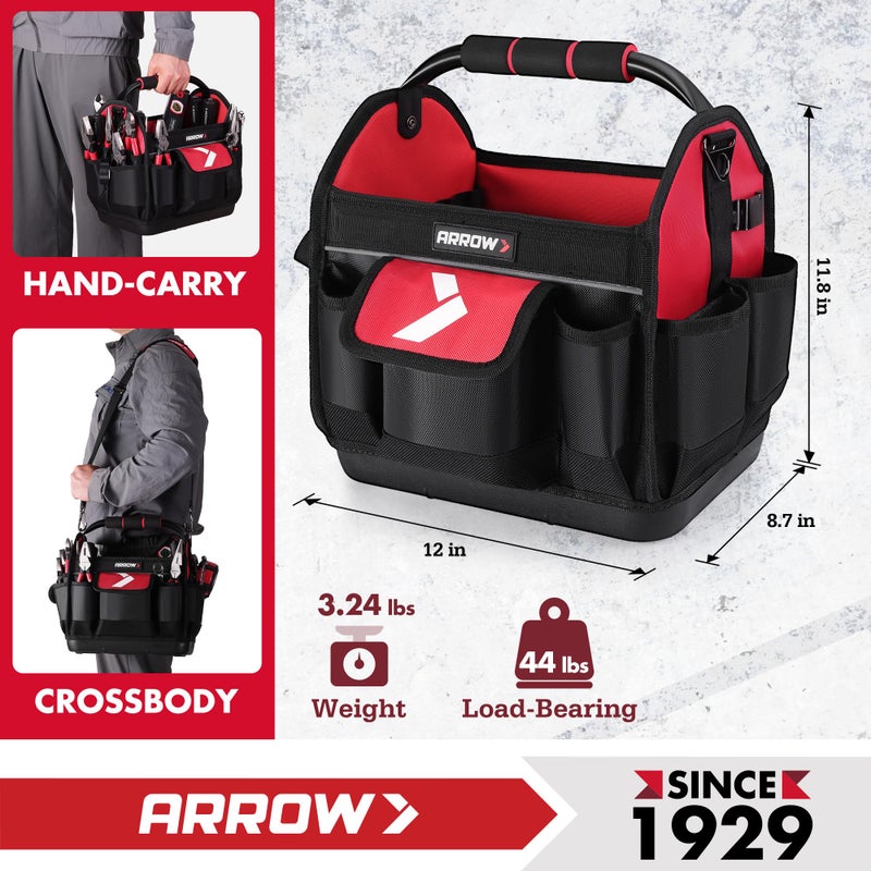 Arrow Fastener ARROW 12" Tool Tote with Waterproof Hard Base, Electrician Tool Bag with 19 Pockets, 840D Oxford Fabric, Open Top Tool Bag for Plumber Mechanic HVAC Automotive - Image 3