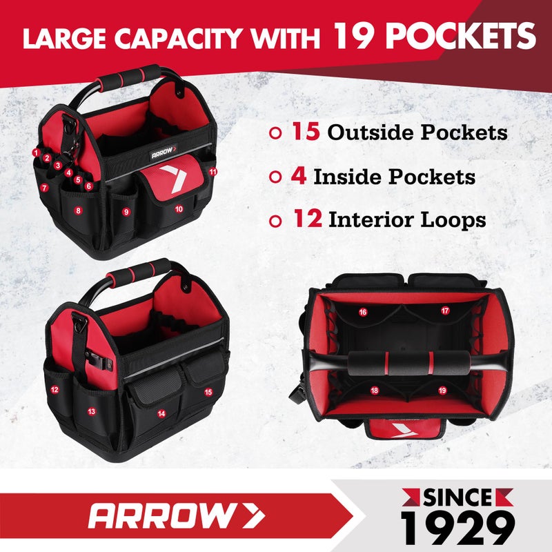 Arrow Fastener ARROW 12" Tool Tote with Waterproof Hard Base, Electrician Tool Bag with 19 Pockets, 840D Oxford Fabric, Open Top Tool Bag for Plumber Mechanic HVAC Automotive - Image 5
