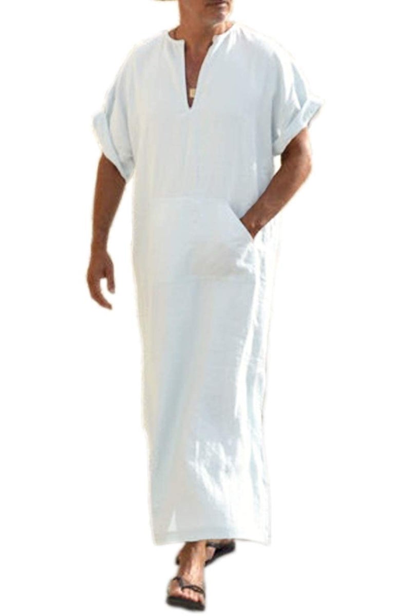 COOFANDY Men's V-Neck Linen Robe Short Sleeve Kaftan Thobe Long Gown Casual Shirt for Beach, Summer - Image 1