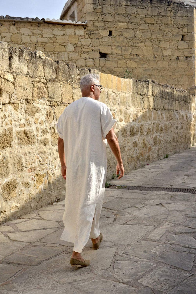 COOFANDY Men's V-Neck Linen Robe Short Sleeve Kaftan Thobe Long Gown Casual Shirt for Beach, Summer - Image 3