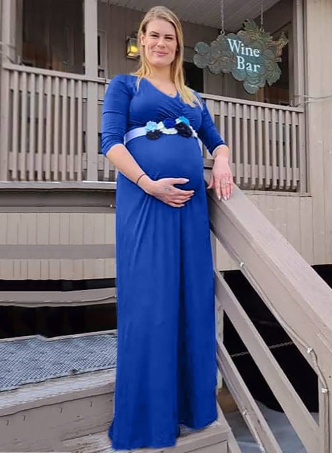 KIM S Maternity Dress Summer Photoshoot Maternity Photoshoot Baby Shower Wrap Nursing Long Wedding Guest 2024 (Royal Blue L) - Image 2