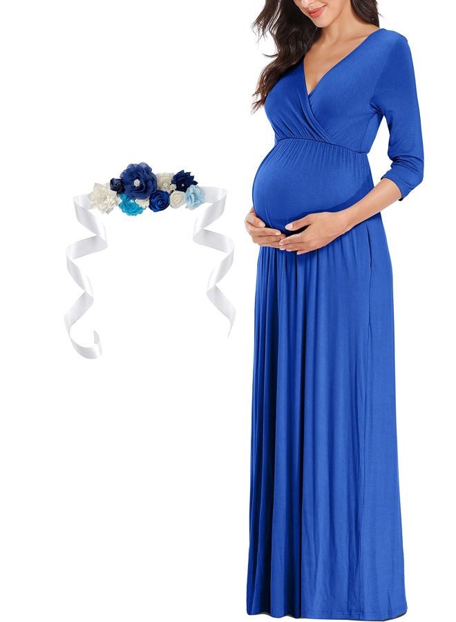 KIM S Maternity Dress Summer Photoshoot Maternity Photoshoot Baby Shower Wrap Nursing Long Wedding Guest 2024 (Royal Blue L) - Image 3