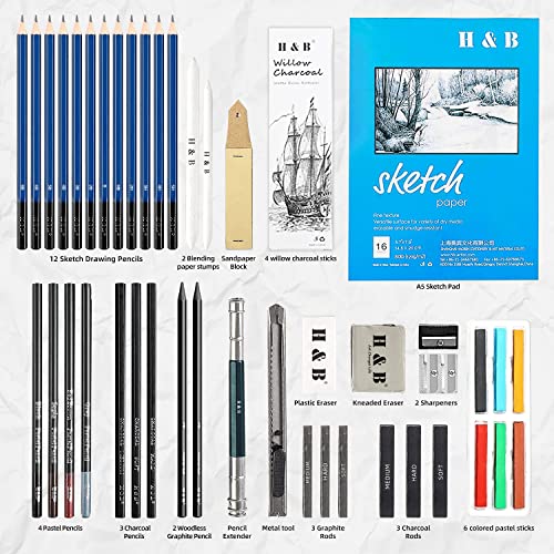 HB H & B 48 Professional Sketching Pencils and Drawing Kits, Including Sketching Pads, Graphite Pencils, Pencil Sharpener and Eraser, Artist's Art Supplies for Artists Beginner Adults - Image 2