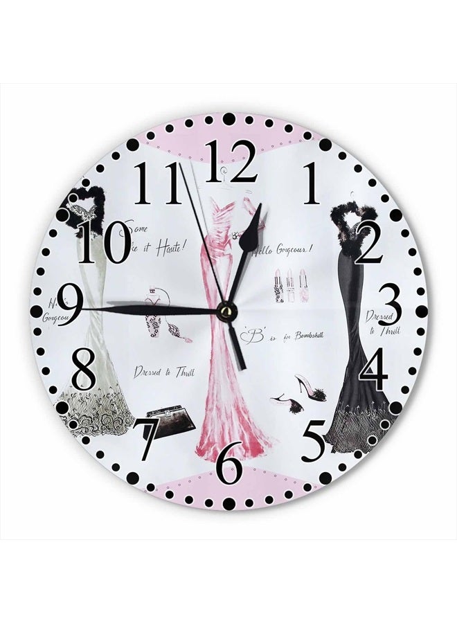 KEEPSUPER Haute Dresses Wall Clock White Black Subtle Pink Elegant Shoes Bags Clock 10 Inch Silent Non-Ticking Clocks Battery Operated for Home Living Laundry Room Kitchen Bedroom Office  - Image 1