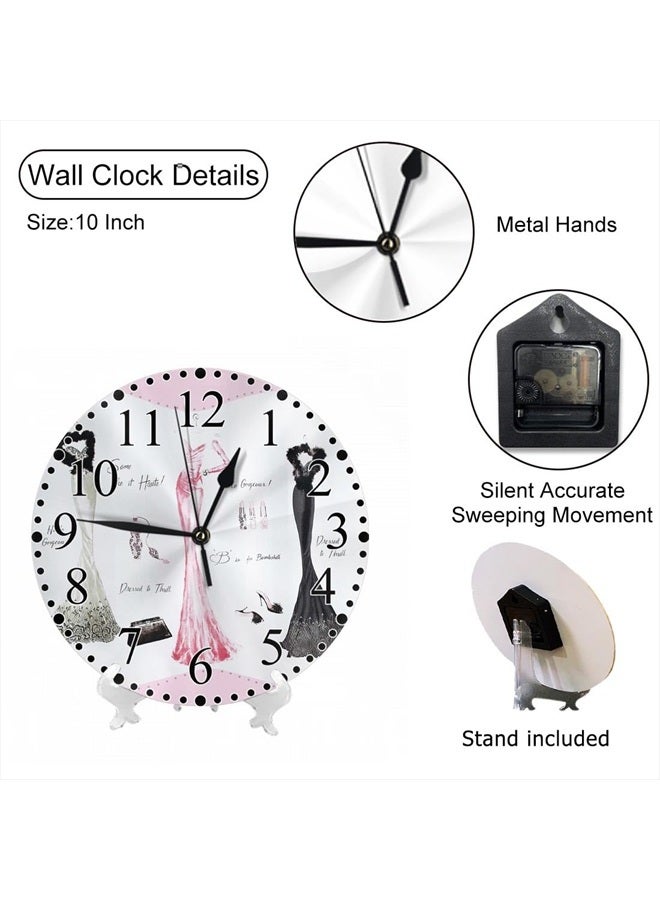 KEEPSUPER Haute Dresses Wall Clock White Black Subtle Pink Elegant Shoes Bags Clock 10 Inch Silent Non-Ticking Clocks Battery Operated for Home Living Laundry Room Kitchen Bedroom Office  - Image 3