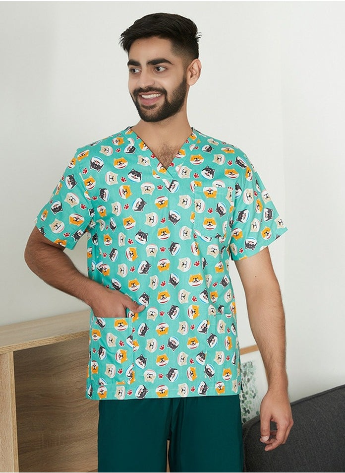 Loquat Unisex Printed V-Neck Medical Uniform Scrubs Top for Women/Men Workwear 