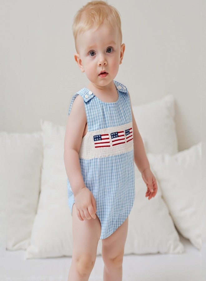 BeQeuewll 4th of July Baby Clothes Newborn Girl Boy Smocked Bubble Romper Flag Plaid Overalls Infant First 4th of July Outfit (Romper Blue, 6-12 Months) - Image 3