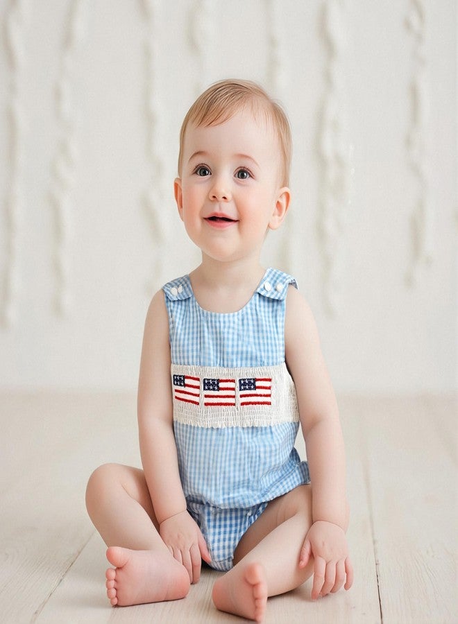 BeQeuewll 4th of July Baby Clothes Newborn Girl Boy Smocked Bubble Romper Flag Plaid Overalls Infant First 4th of July Outfit (Romper Blue, 6-12 Months) - Image 2