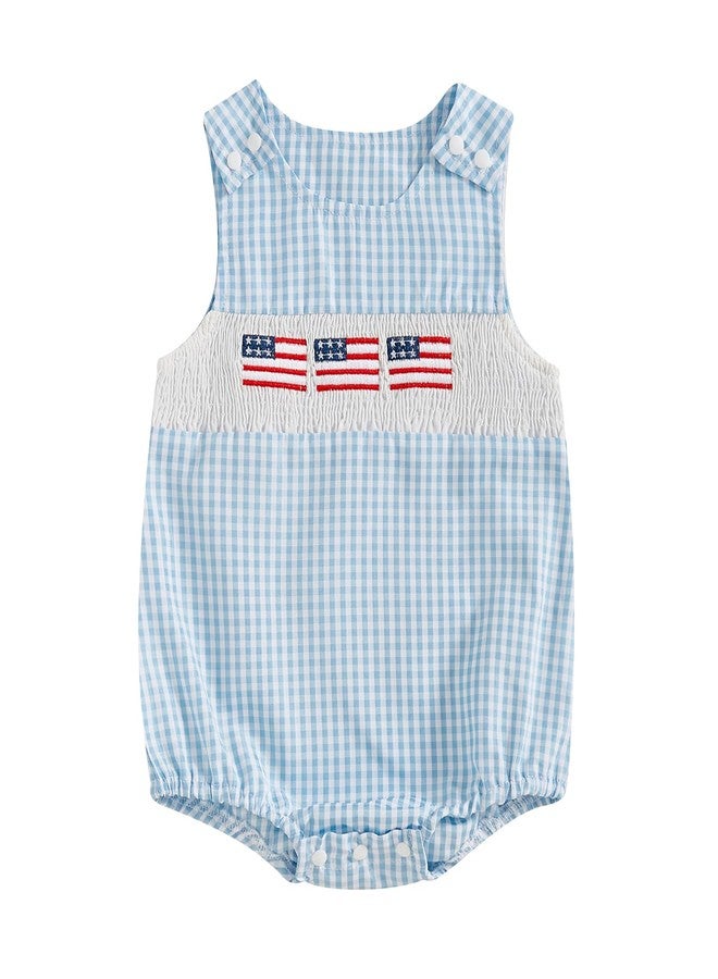 BeQeuewll 4th of July Baby Clothes Newborn Girl Boy Smocked Bubble Romper Flag Plaid Overalls Infant First 4th of July Outfit (Romper Blue, 6-12 Months) - Image 1