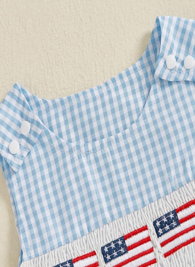 BeQeuewll 4th of July Baby Clothes Newborn Girl Boy Smocked Bubble Romper Flag Plaid Overalls Infant First 4th of July Outfit (Romper Blue, 6-12 Months) - Image 5