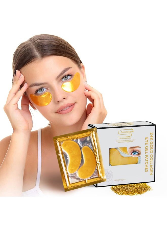 dermoland Under Eye Gel Pads, Collagen Eye Patches for Puffy Eyes, Dark Circles, and Wrinkles, 24K Gold Eye Mask with Hyaluronic Acid, Vegan, Cruelty-Free, Hydrating Eye Pad,15 Pairs - Image 1