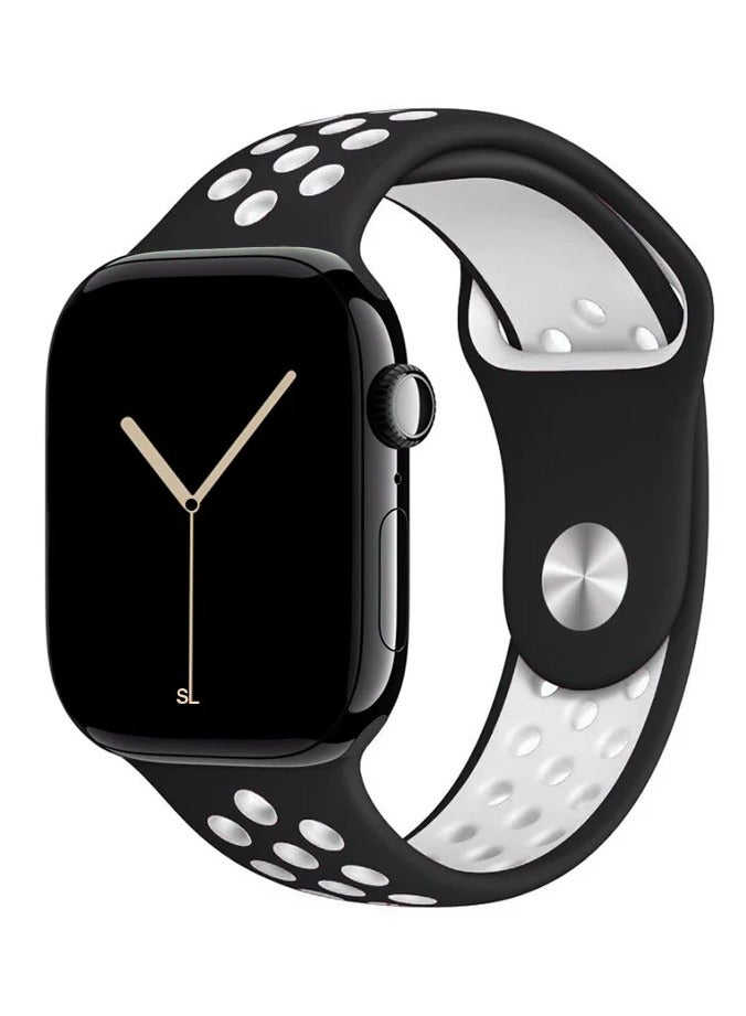 Watch Silicone Sport Watch Band Compatible with Apple Watch 42mm 44mm 45mm 46mm 49mm Apple Watch Ultra 1/2/3, SE, Series 11/10/9/8/7/6/5/4/3/2/1 | Breathable Ventilated Replacement Strap | Black & White - Image 1