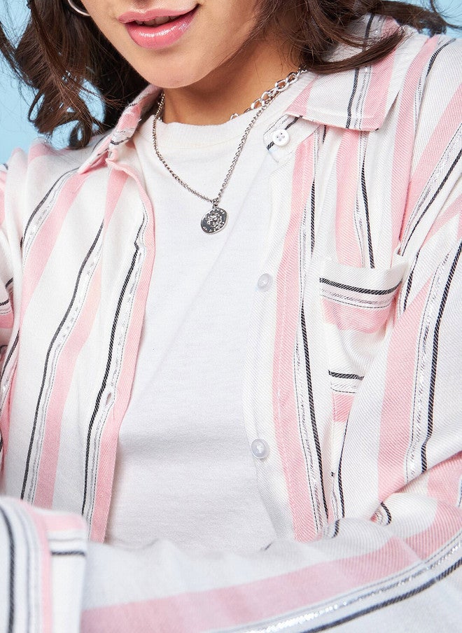 CHIMPAAANZEE Oversized Striped Spread Collar Long Sleeves Crop Casual Shirt - Image 2