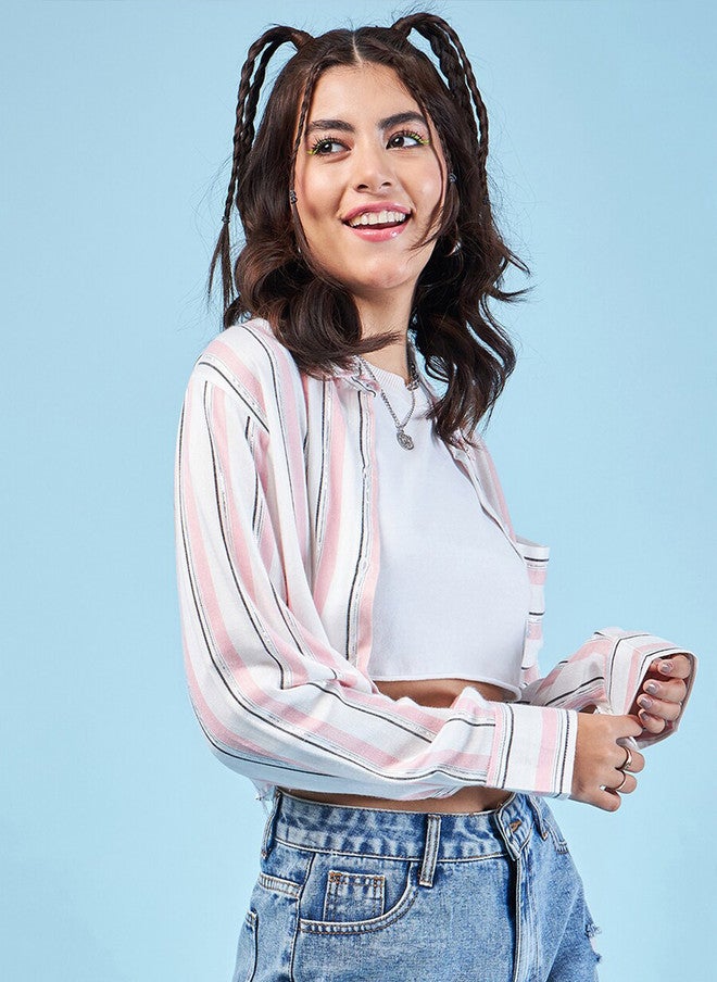 CHIMPAAANZEE Oversized Striped Spread Collar Long Sleeves Crop Casual Shirt - Image 3