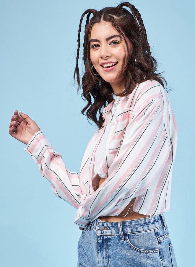 CHIMPAAANZEE Oversized Striped Spread Collar Long Sleeves Crop Casual Shirt - Image 4