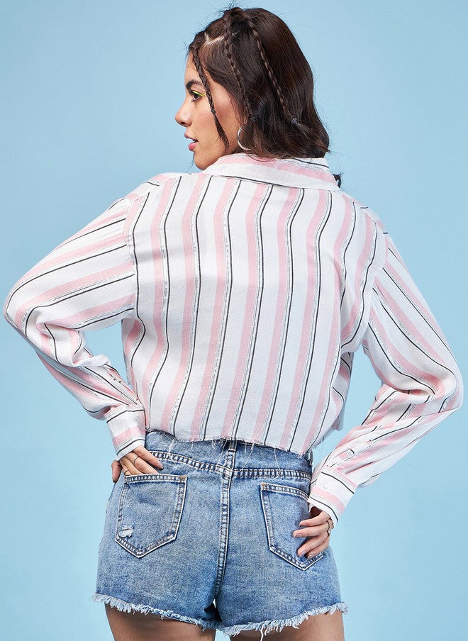 CHIMPAAANZEE Oversized Striped Spread Collar Long Sleeves Crop Casual Shirt - Image 5