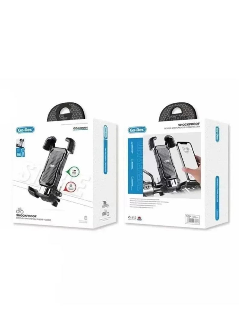 GO-DES GD-HD694 Shockproof Bicycle and Motorcycle Phone Holder – Secure Handlebar Mount, 360° Rotation, Universal Fit for Smartphones, Anti-Vibration with Corner Guard, Durable & Easy Installation - Image 2