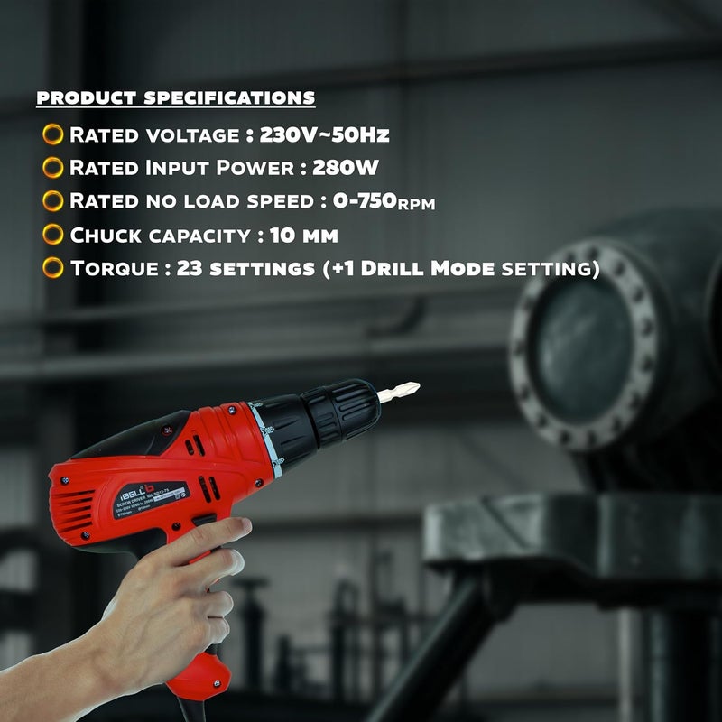 آي بيل مثقاب ومفك كهربائي SD12-75 بقوة 280 واط، سرعة 0-750 دورة في الدقيقة، ظرف 10 مم، سرعة متغيرة، أداة للثقب والربط للخشب والبلاستيك والمعادن الخفيفة، مثقاب يدوي مريح - Image 2