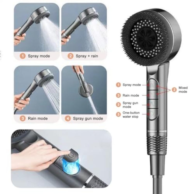 High Pressure Filter Shower Head One-click Water Stop Four Modes Piano Button Shower Detachable Silicone Massage Head Handheld Showerhead Silvery - Image 4