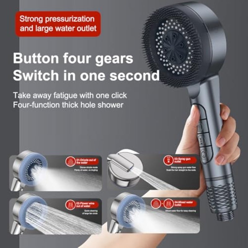High Pressure Filter Shower Head One-click Water Stop Four Modes Piano Button Shower Detachable Silicone Massage Head Handheld Showerhead Silvery - Image 3