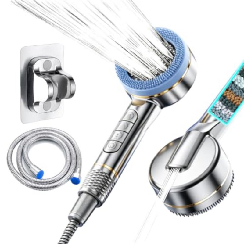 High Pressure Filter Shower Head One-click Water Stop Four Modes Piano Button Shower Detachable Silicone Massage Head Handheld Showerhead Silvery - Image 1