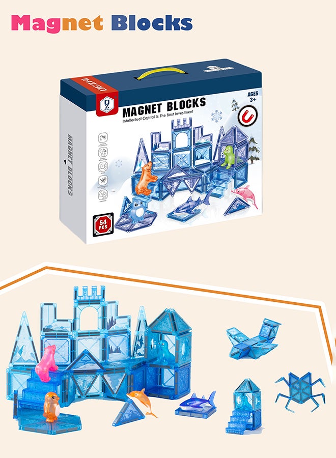 DEZHI 54 قطعة من البلاط المغناطيسي للأطفال من عمر 3 سنوات فما فوق، كتل بناء مع مشاهد الثلج والجليد والحيوانات، تعليم مغناطيسي تعليمي لتطوير عقل الطفل - Image 1