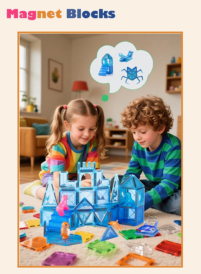 DEZHI 54 قطعة من البلاط المغناطيسي للأطفال من عمر 3 سنوات فما فوق، كتل بناء مع مشاهد الثلج والجليد والحيوانات، تعليم مغناطيسي تعليمي لتطوير عقل الطفل - Image 2