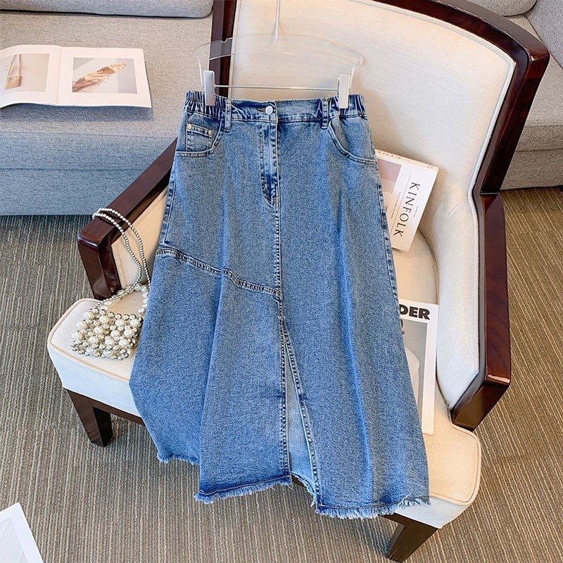 Plus Size Denim Skirt High Waist Side Slit Summer 2024 Blue (shipped within 10 days) 