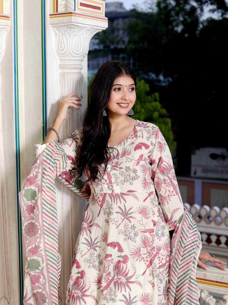 Miravan Womens Light Pink Cotton Birds And Leaf Floral Printed Anarkali Kurta With Dupatta - Image 3