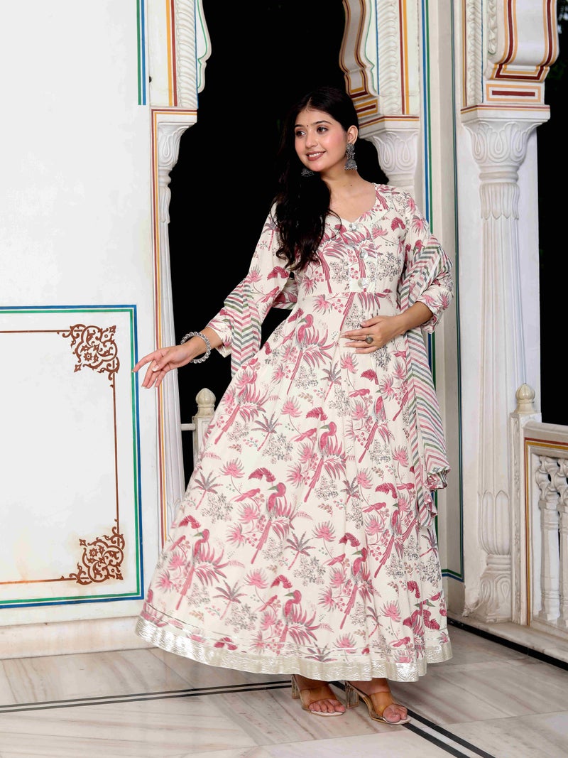 Miravan Womens Light Pink Cotton Birds And Leaf Floral Printed Anarkali Kurta With Dupatta - Image 2