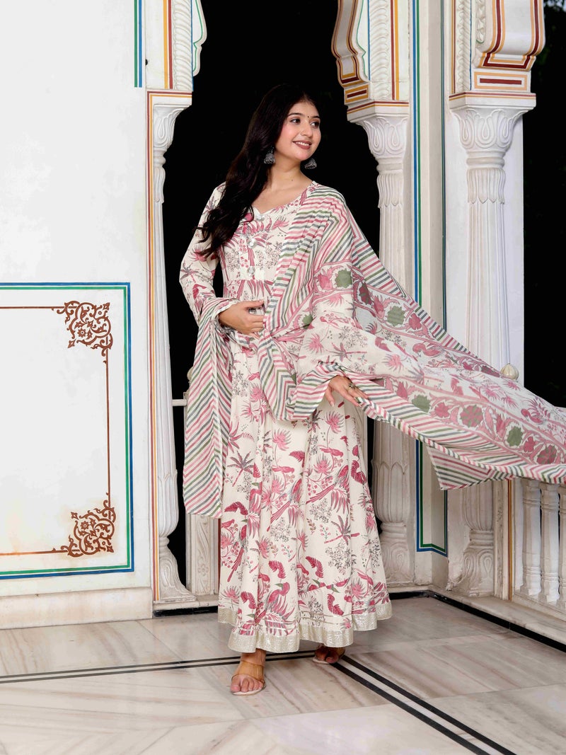 Miravan Womens Light Pink Cotton Birds And Leaf Floral Printed Anarkali Kurta With Dupatta - Image 1