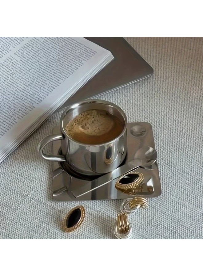 كوب قهوة شاي معزول مزدوج الجدار من الفولاذ المقاوم للصدأ الفضي مع صحن وملعقة - Image 1