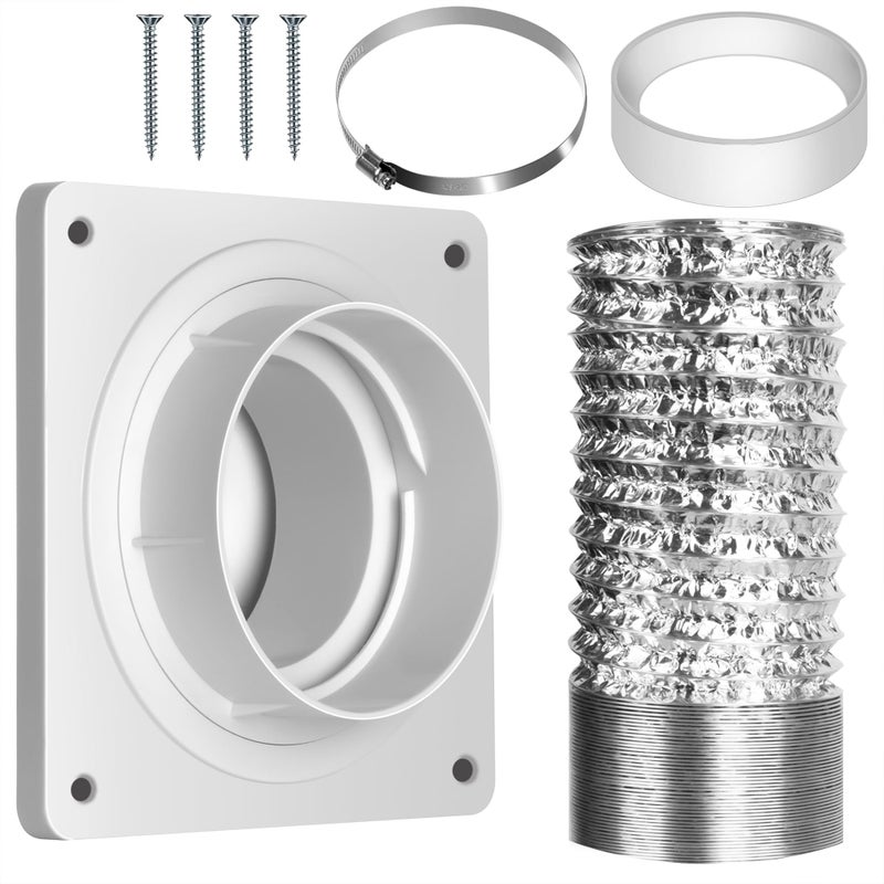 Dryer Vent Hose Connector Kit Dryer Vent Wall Plate with Hose4 inch 8 feet Dryer Duct Connector with Quick Connect Disconnect Covers Area 7inch x 7inch Fits 4 Inch for Dryer Washer Bathroom