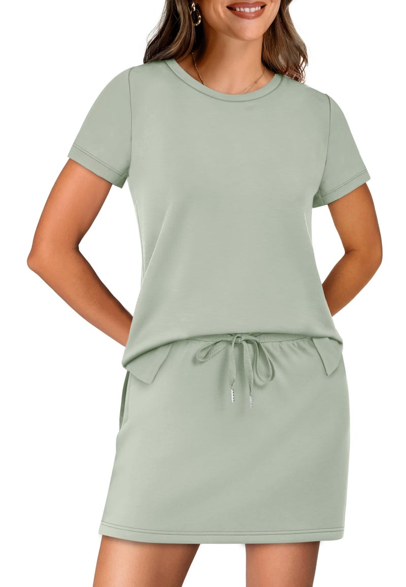 Sampeel Women 2 Piece Tennis Outfit Golf Skirt Dress Built-in Shorts Active Athletic Workout Lounge Set Summer Loungewear Spring Cruise Resort Wear Travel Vacation Airport Romper Skort Suits Green L - Image 2