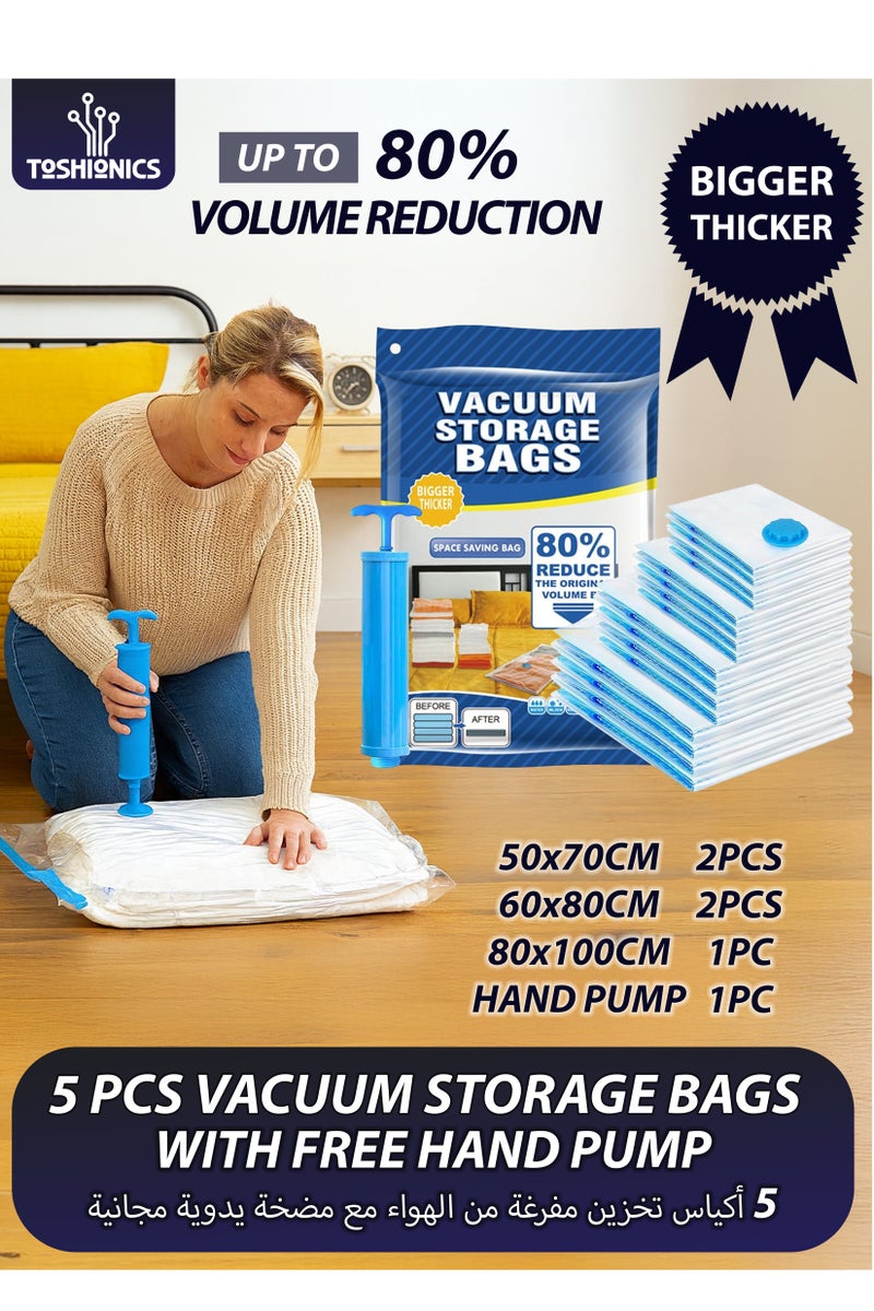 Toshionics Vacuum Storage Bags 5 Pieces per Pack with Hand Suction Pump Reusable Compression Space Saving Bags for Packing Clothes and Bedding for Travel  - Image 1