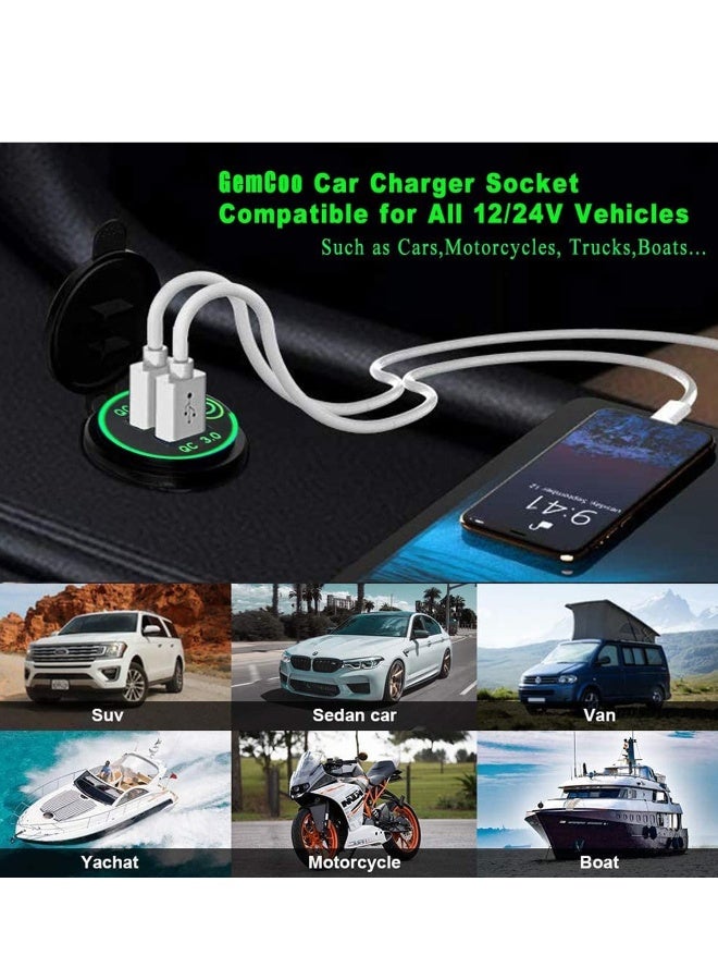 Car Charger Socket, Quick Charge 4.0 PD Type C and 3.0 USB, 12V/24V Outlet Power Waterproof with Dual Ports for Marine Boat Motorcycle Golf (green) - Image 3