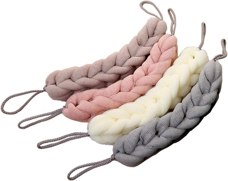 AARainbow 4 Packs Long Stretch Back Sponge with Rope Handles Back Scrubber Bath Shower Mesh Sponge Exfoliating Body Scrub Stretch Braided Loofah for Men and Women (1 White+1 Grey+1 Pink+1 Lotus Pink - Image 1