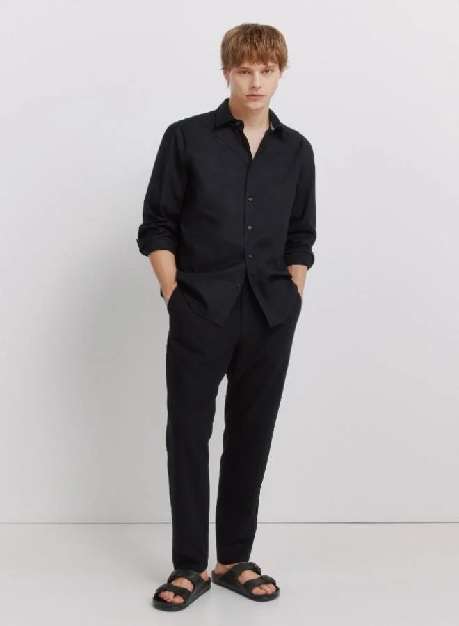 Linen/cotton drawstring elasticated waistband welt back pockets front coin pocket Comfort Slim fit trousers