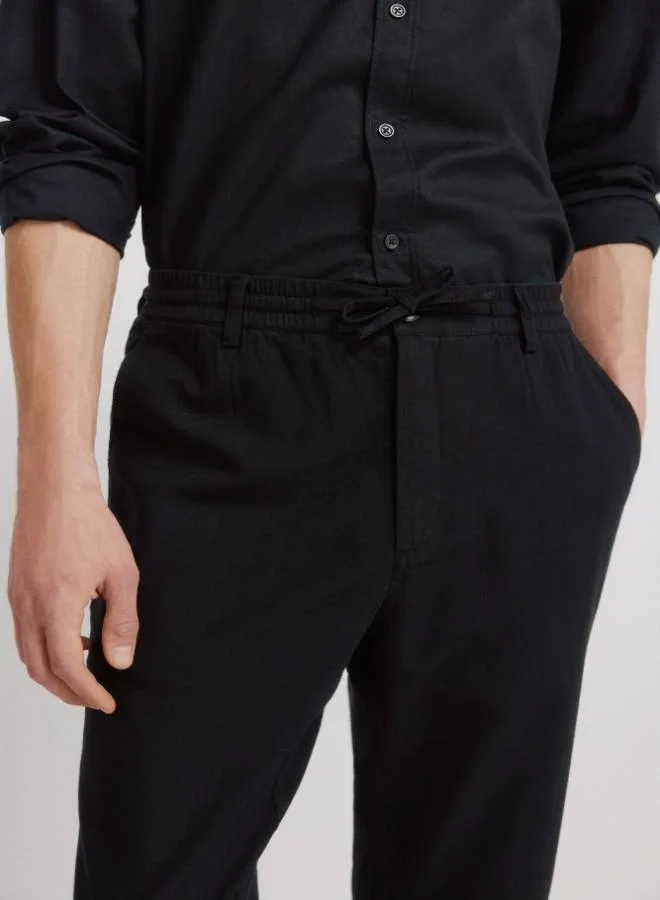 Springfield  Linen/cotton drawstring elasticated waistband welt back pockets front coin pocket Comfort Slim fit trousers for Men | Best Price UAE