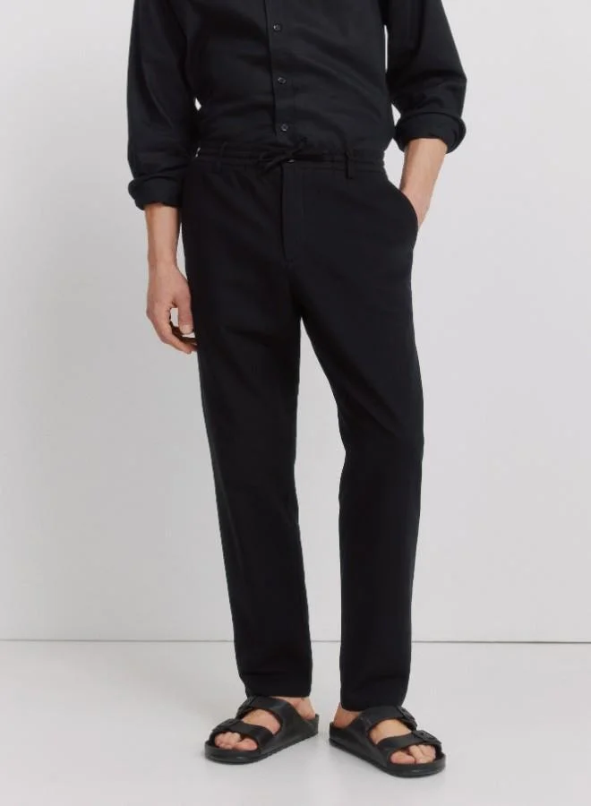 Springfield  Linen/cotton drawstring elasticated waistband welt back pockets front coin pocket Comfort Slim fit trousers for Men | Best Price UAE