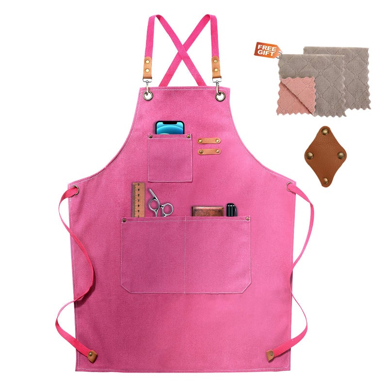 ZOMAO Apron for Women Baking Kitchen Cooking Apron with Pockets  Cotton Canvas Cross Back Apron with Adjustable Strap and Large Pockets BBQ Drawing Crafting Aprons for Women Chef (Pink) - Image 1