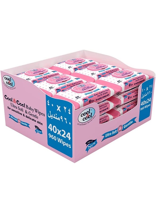Cool & Cool Baby Wipes 40’s (Pack of 24)-Alcohol Free, Paraben Free, Vitamin E, Aloe Vera, Ultra Soft & Gentle for Sensitive & Delicate Skin - 960 Wipes - Image 1