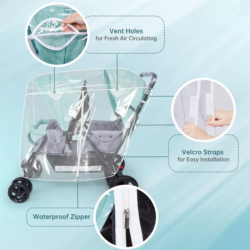 PAHTTO Double Stroller Rain Cover, Waterproof Weather Shield for Tandem Double Stroller, Twins Stroller Cover for Rain/Wind/Snow/Cold/Dust, Childseat Stroller Weather Shield, Baby Outdoor Accessories - Image 3