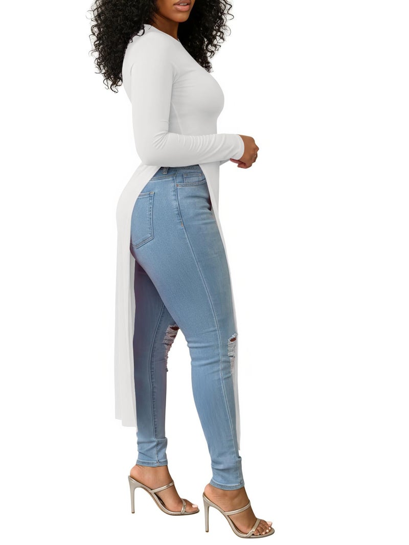 OPOIPIN Women's Crew Neck Split Slit Hem Long Sleeve Slim Fit Tee Top Long Shirt Tunic White X-Large - Image 4