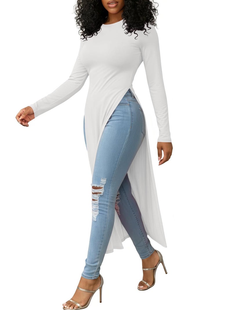 OPOIPIN Women's Crew Neck Split Slit Hem Long Sleeve Slim Fit Tee Top Long Shirt Tunic White X-Large - Image 3