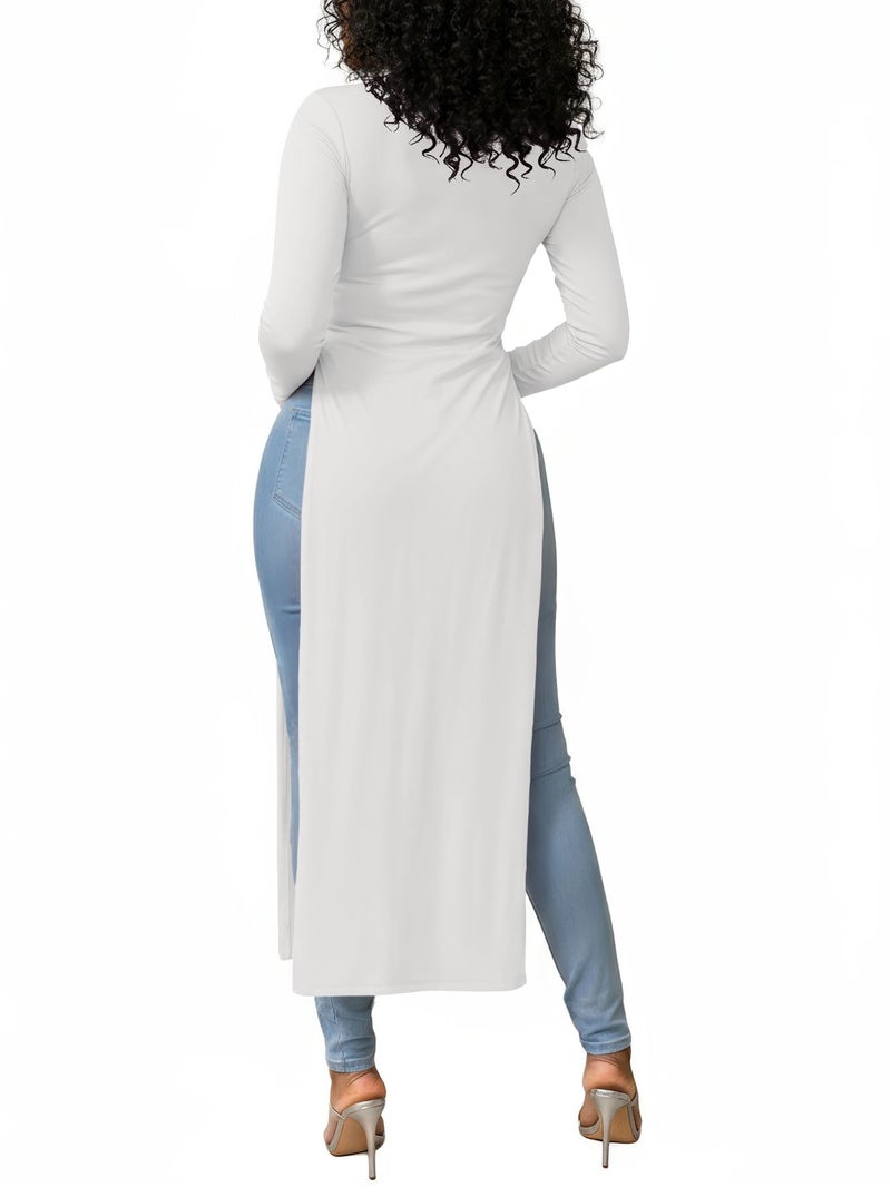 OPOIPIN Women's Crew Neck Split Slit Hem Long Sleeve Slim Fit Tee Top Long Shirt Tunic White X-Large - Image 5