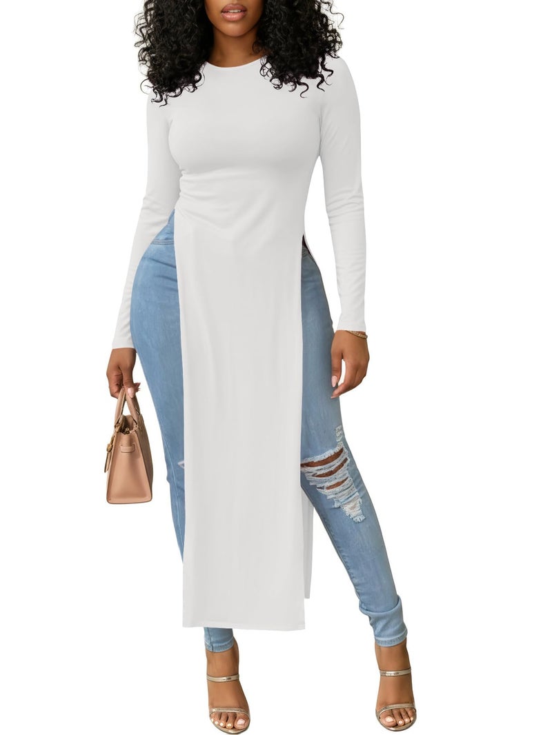 OPOIPIN Women's Crew Neck Split Slit Hem Long Sleeve Slim Fit Tee Top Long Shirt Tunic White X-Large - Image 1